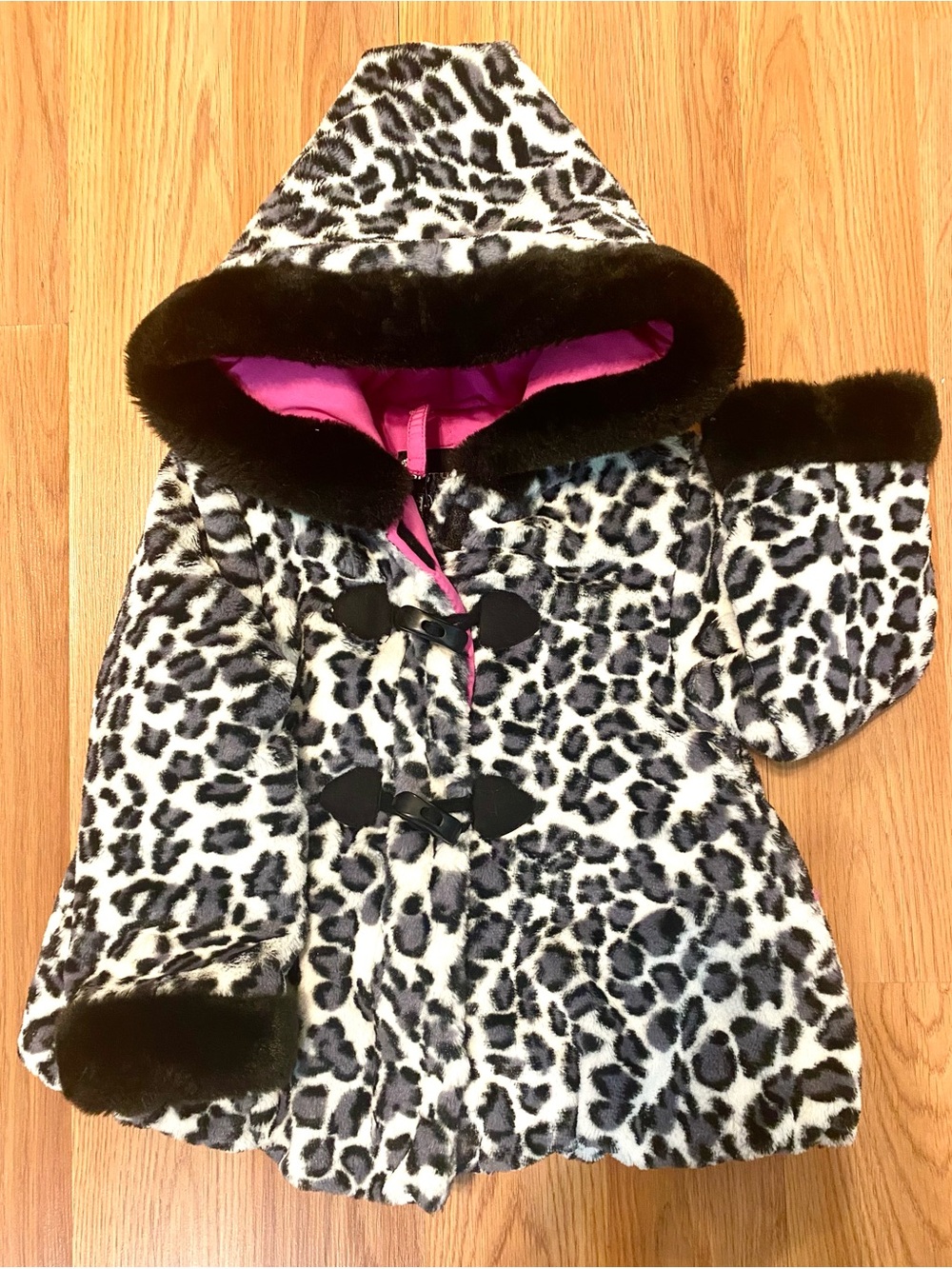 🖤💖 2T GIRLS LEOPARD FUR COAT THICK WARM ANIMAL PRINT HEAVY COAT HOOD TODDLER